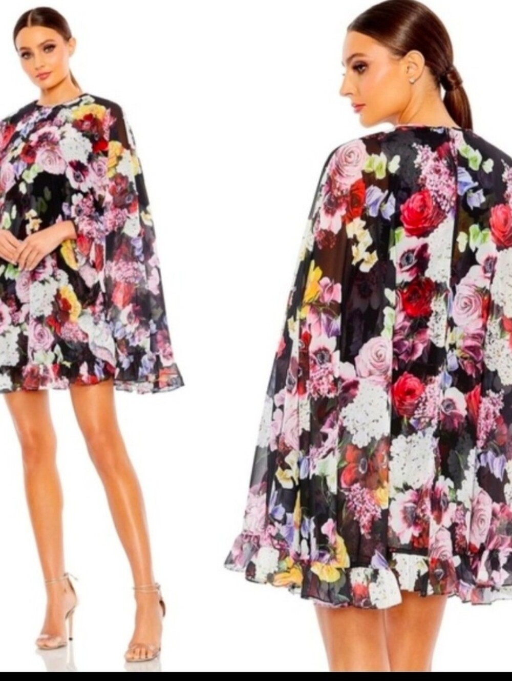 Ieena Mac Duggal Cape Dress Size 6 Floral Chiffon Mini Dress